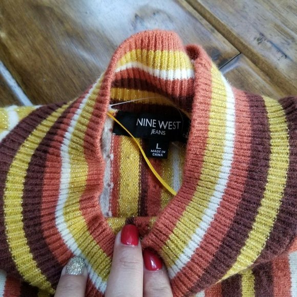 Nine West women's knit top Large mock neck stripe yellow brown long sleeve nwt - Picture 5 of 11